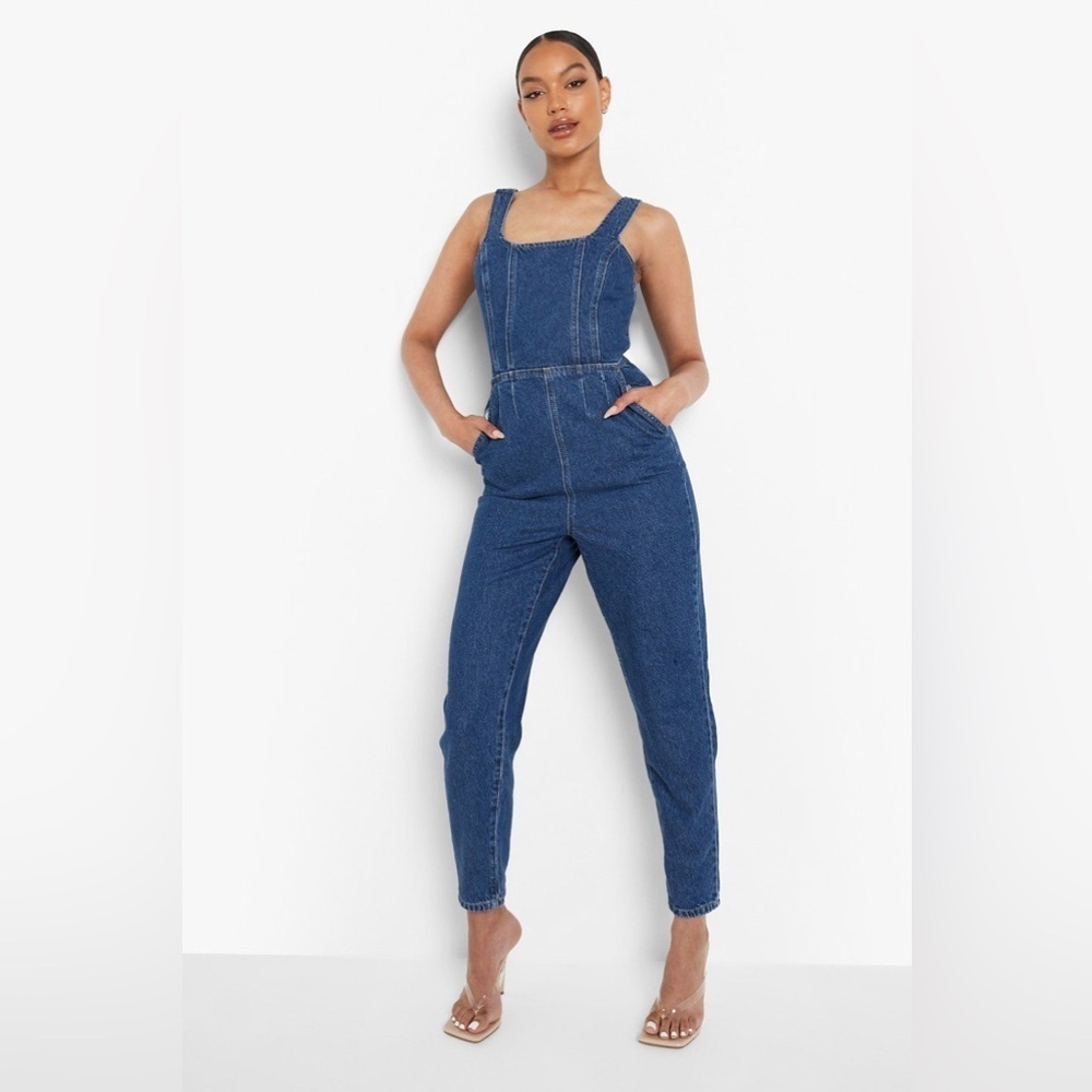 Boohoo Square neck tapered Denim Jumpsuit- Size 6